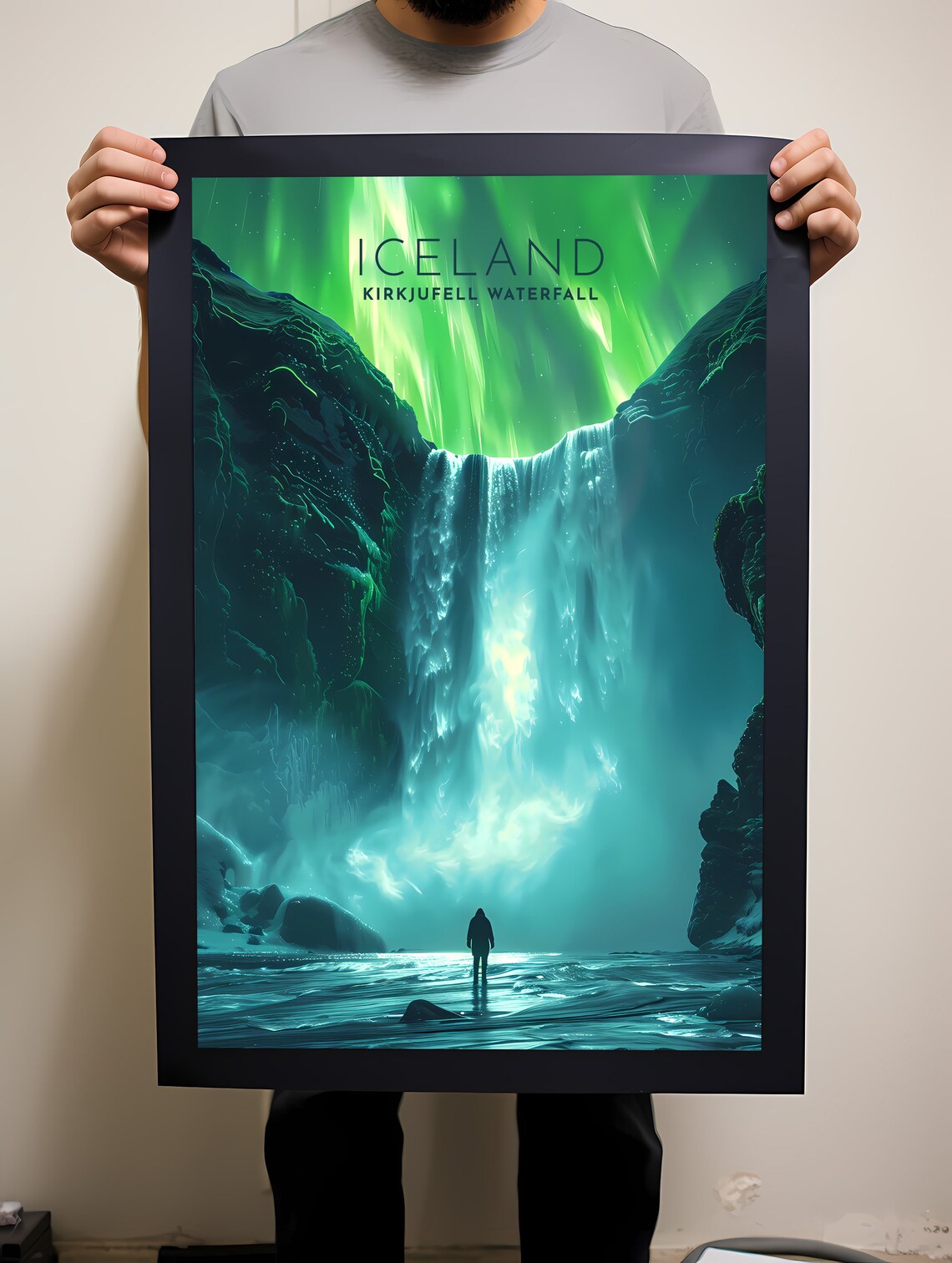 Kirkjufell Iceland Waterfall Northern Lights Illustrated Travel Poster - Image 2