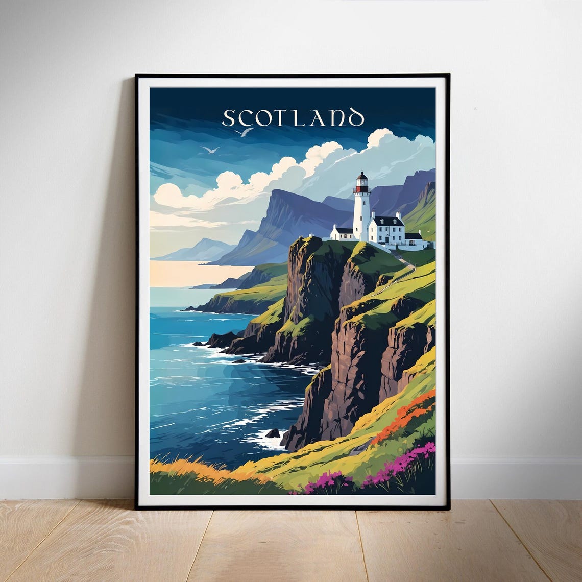 Scotland Lighthouse Dramatic Cliffs Retro Coastal Travel Poster