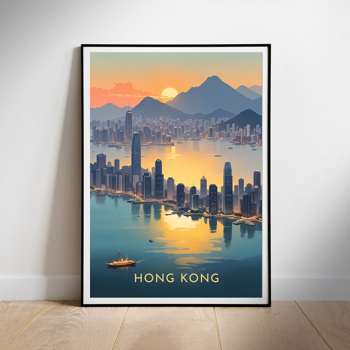 Hong Kong Sunset Harbor Skyline Glowing Golden Reflections Poster - Image 2