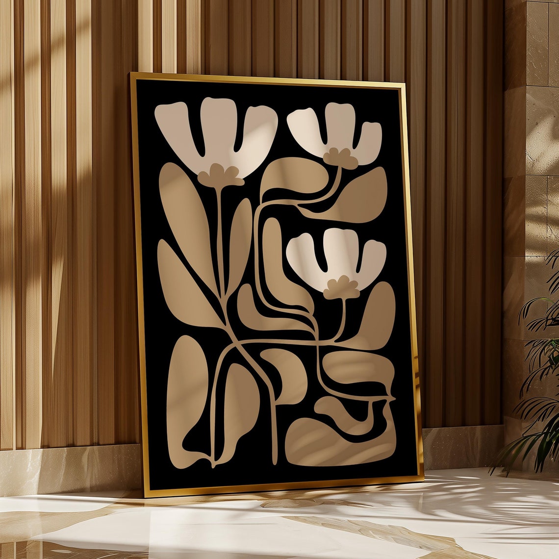Black And Beige Abstract Wavy Flower Retro Modern Botanical Print