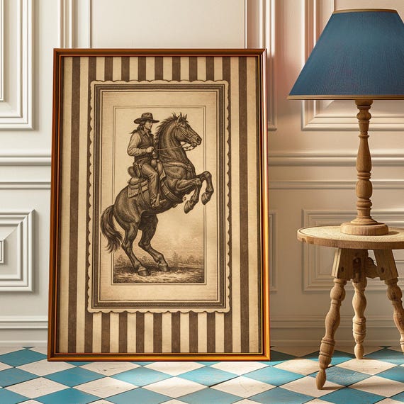 Vintage Western Cowboy Poster Rustic Rodeo Wall Art With Stripes Bronco Rider For Farmhouse Or Man Cave Decor Gift Idea