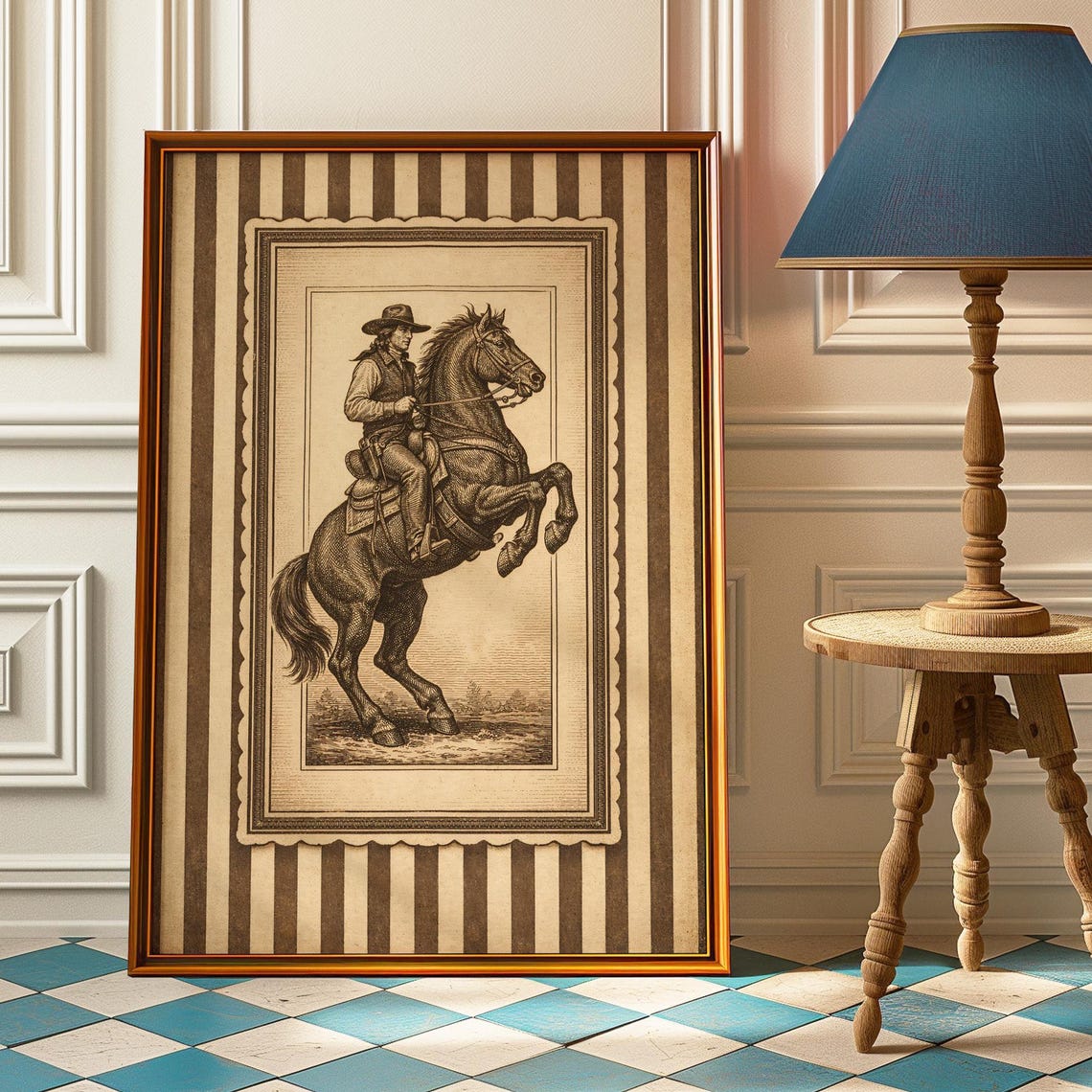 Cowboy on Rearing Horse Vintage Western Engraving Art Poster