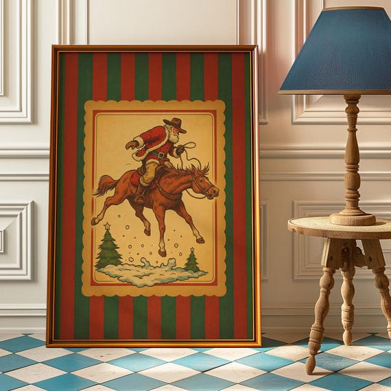 Western Cowboy Santa Christmas Wall Art Rustic Holiday Poster Print Vintage Riding Horse Country Home Decor