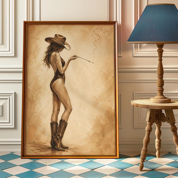 Smoking Cowgirl Poster Sepia Pinup Wall Art Vintage Western Print Glam Painting Boudoir Decor Edgy Coastal Gift