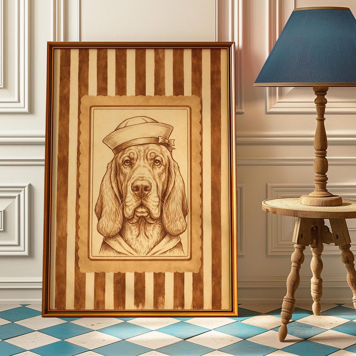 Bloodhound Sailor Cap Vintage Sepia Portrait Classic Dog Art Poster