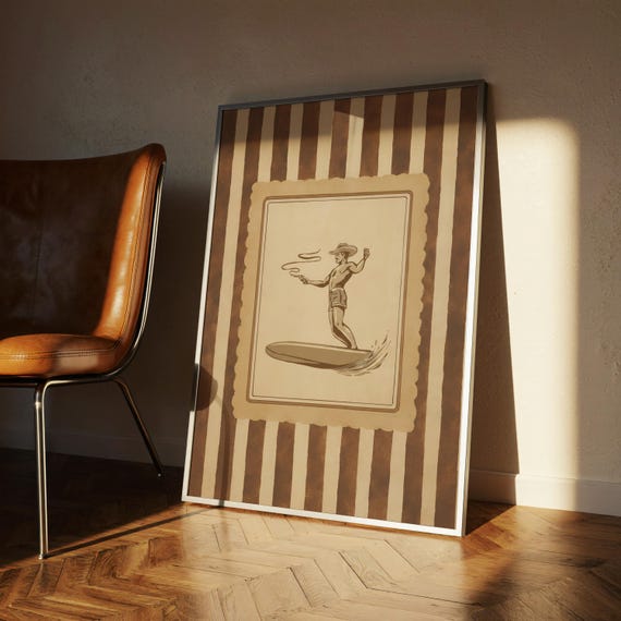 Vintage Western Cowboy Surfer Poster, Rustic Surf Decor