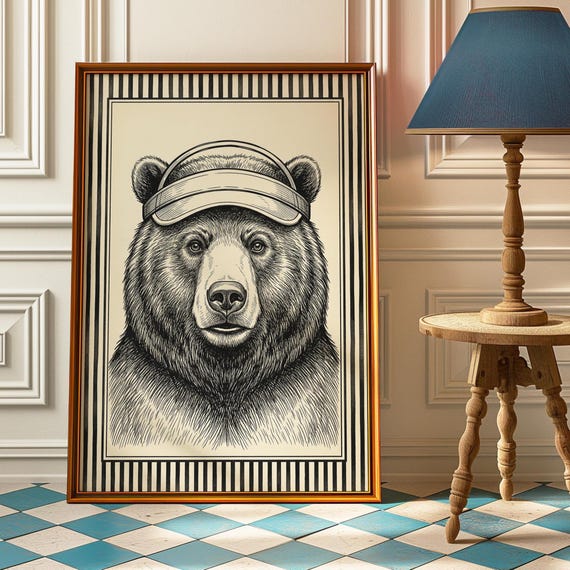 Bear In Visor Poster Black White Tennis Wall Art Modern Sports Print Minimalist Game Room Decor