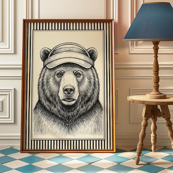 Tennis Bear Visor Black White Engraving Minimalist Sport Poster
