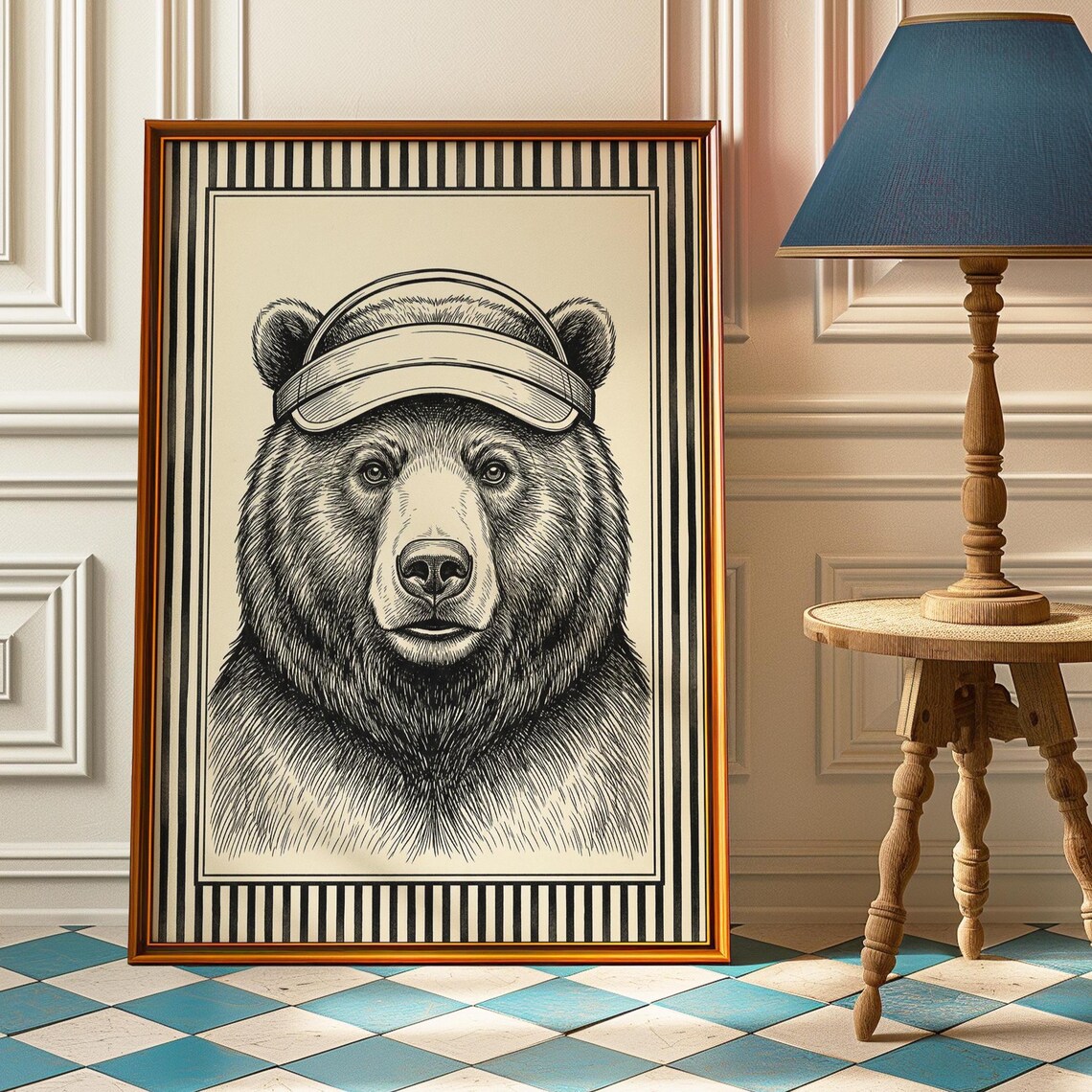 Tennis Bear Visor Black White Engraving Minimalist Sport Poster