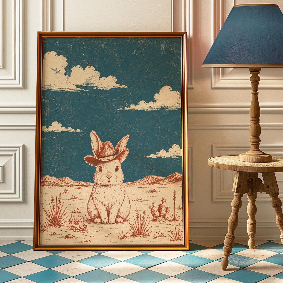 Cowboy Bunny Vintage Rabbit Art Print, Western Nursery