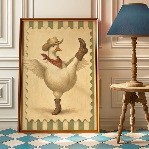 Silly Cowboy Goose Stamp Poster Funny Western Wall Art Whimsical