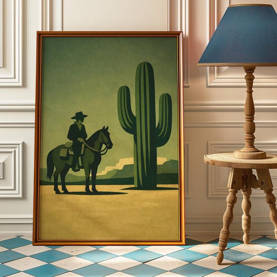 Western Cowboy Silhouette Poster Vintage Desert Cactus Minimalist Art Retro Southwestern Modern Rustic Home Decor