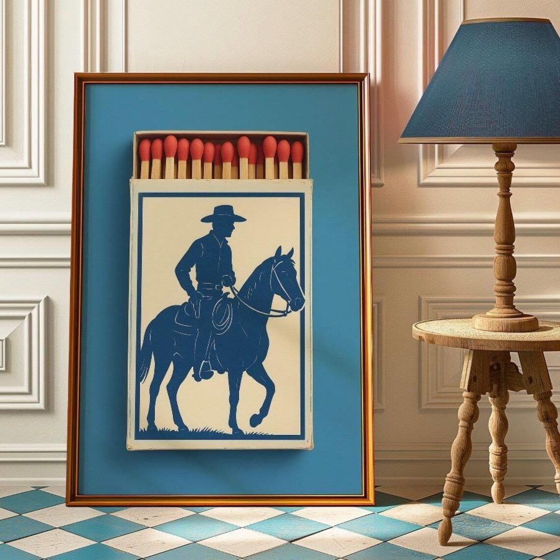 Cowboy On Horse Matchbox Art Vintage Western Rider Blue Wall Poster