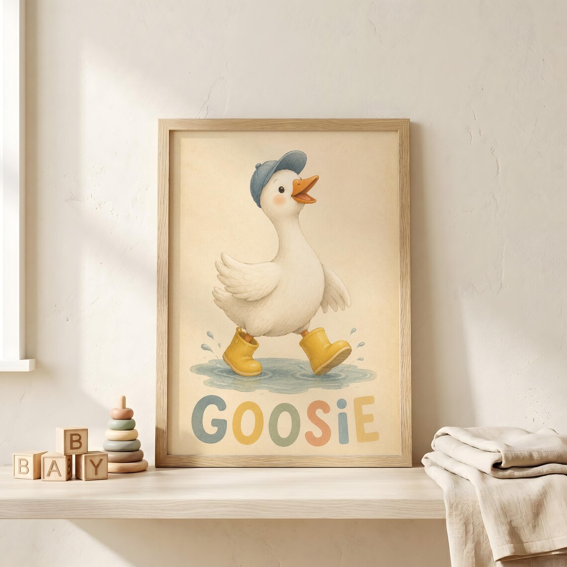 Cute Duck in Yellow Rain Boots Goosie Name Baby Nursery Poster