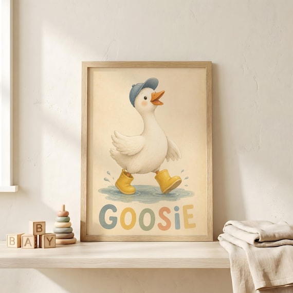 Cute Duck in Yellow Rain Boots Goosie Name Baby Nursery Poster