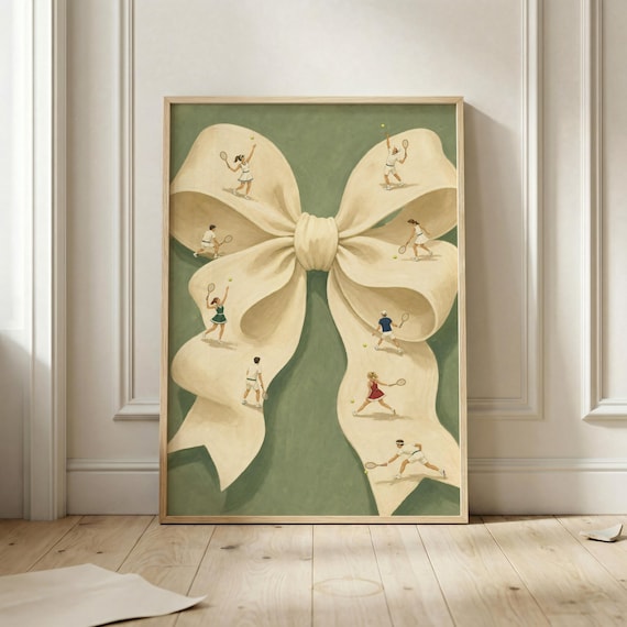 Tiny Tennis Players On Giant Cream Bow Preppy Sage Green Art Poster