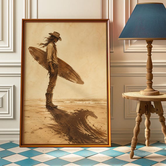 Cowboy Surfer Poster, Vintage Sepia Surf Print