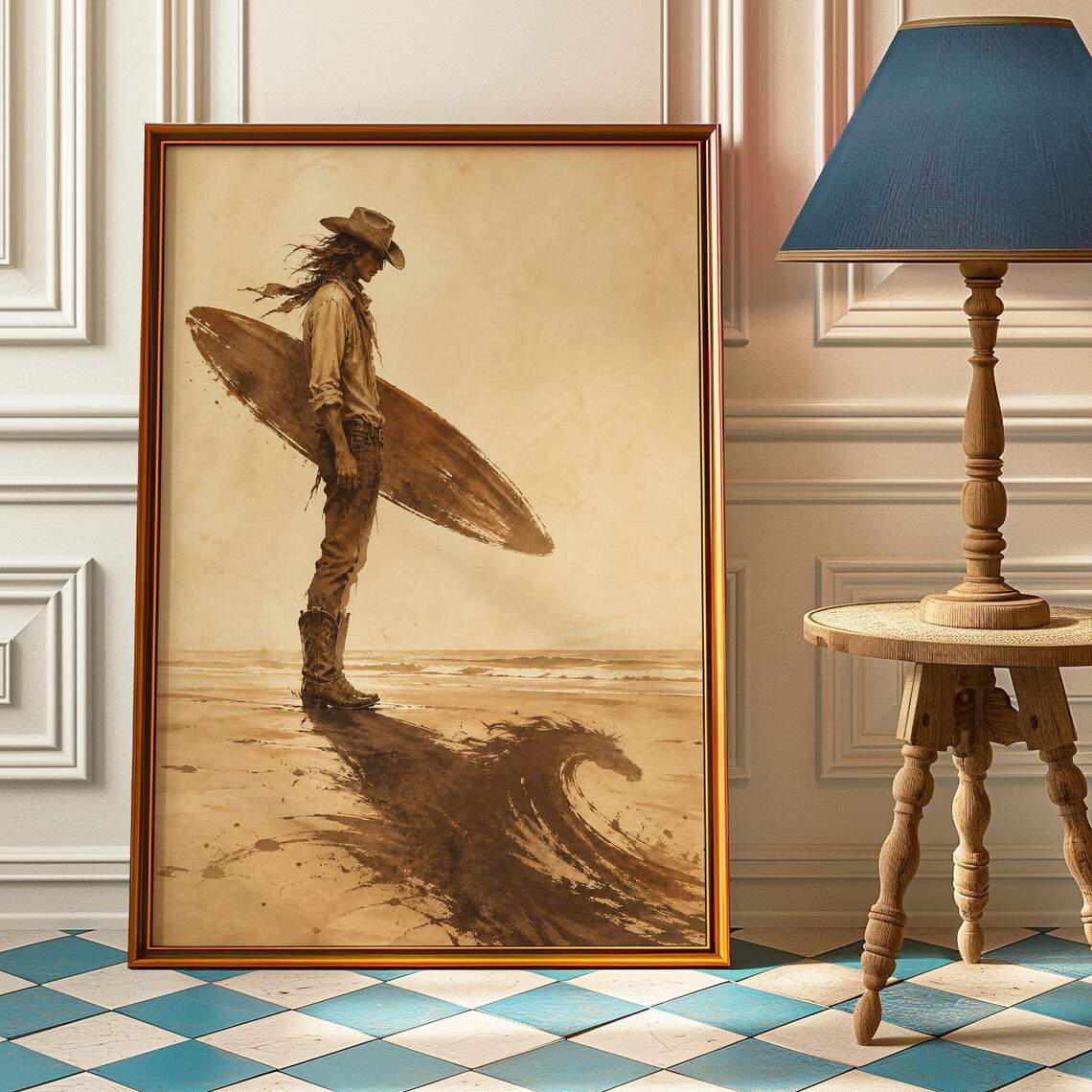 Cowboy Surfer Poster, Vintage Sepia Surf Print
