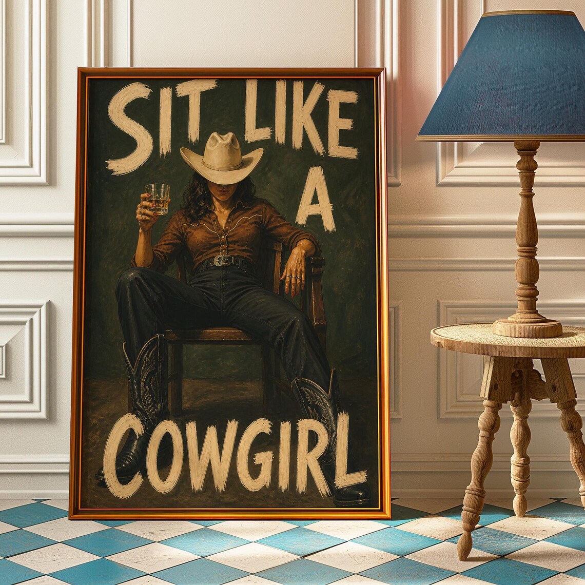 Sit Like A Cowgirl Whiskey Poster Western Quote Vintage Cowgirl Art