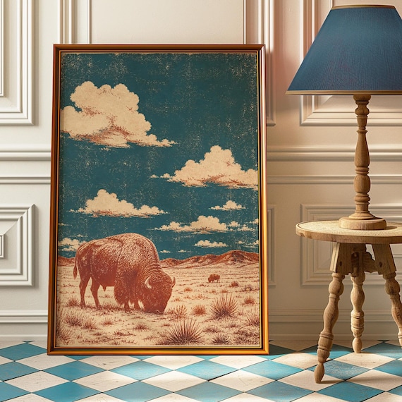 Bison Desert Vintage Western Buffalo Plains Retro Linocut Ranch Decor Poster