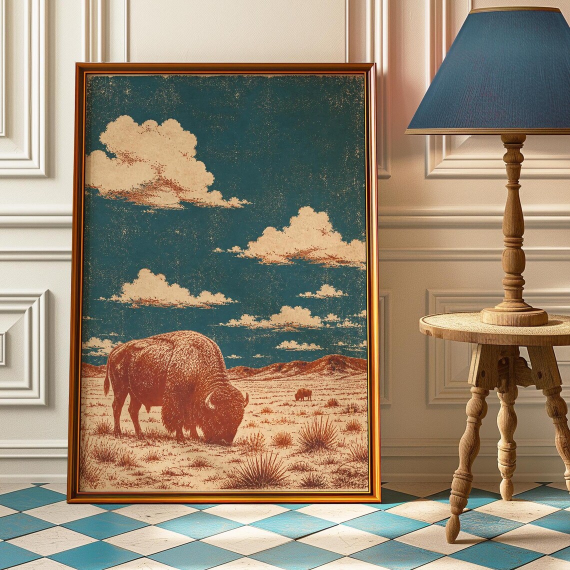 Bison Desert Vintage Western Buffalo Plains Retro Linocut Ranch Decor Poster