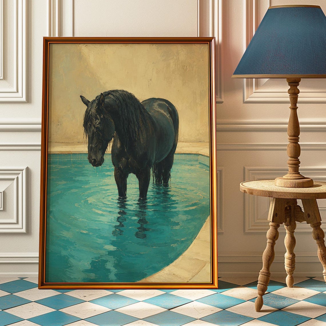 Black Horse Standing in Turquoise Pool Surreal Equestrian Poster