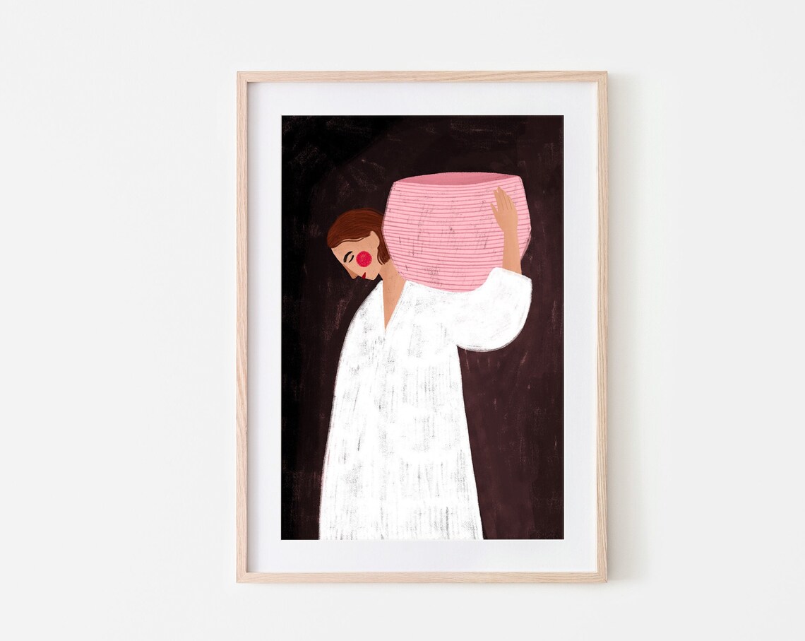 Woman With the Pink Basket Art Print, Portrait