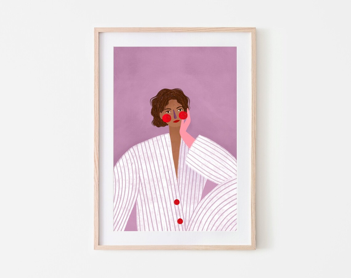 Woman With Pink Glove, Purple Stripes Art Print
