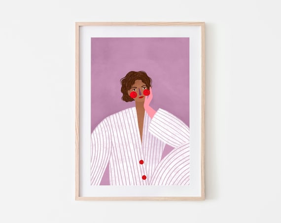 Woman With Pink Glove, Purple Stripes Art Print