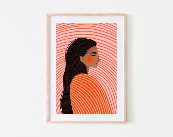 Woman Profile With Flowing Dark Hair Orange Stripes Portrait Poster