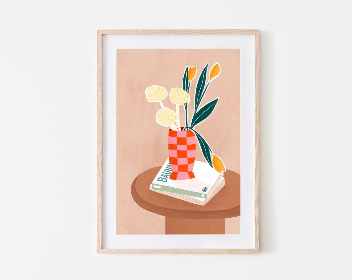 Checkered Vase Yellow Tulips Bouquet Botanical Decor Art Poster