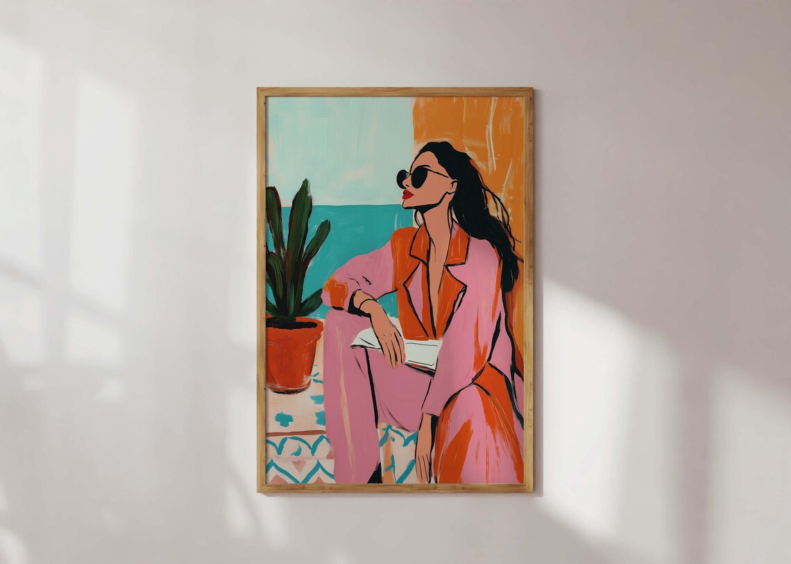 Fashion Woman in Pink Suit Sunglasses Modern Portrait Art Poster