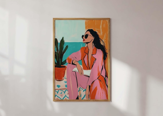 Whimsical Abstract Woman Portrait Feminine Wall Art Colorful Modern Poster Y2k Posters Maximalist Pink Preppy Print Eclectic