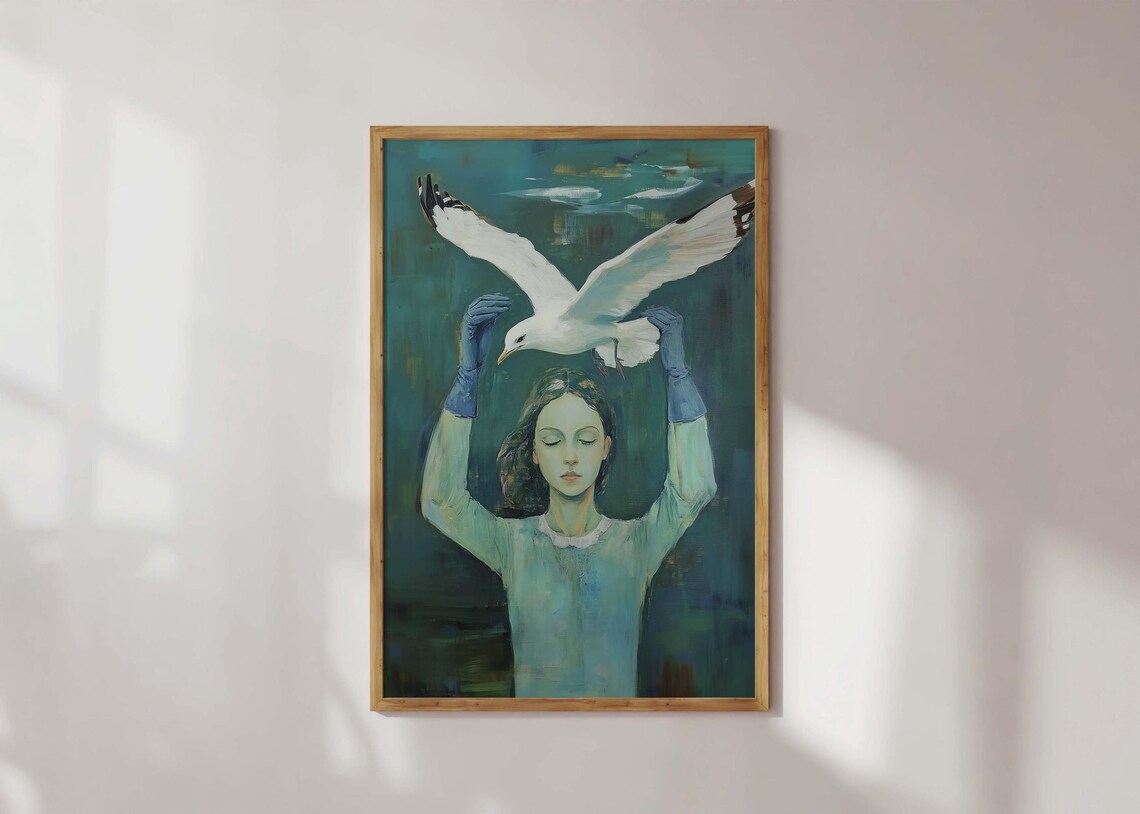 Girl Holding Seagull Dreamy Teal Feminine Surreal Art Poster