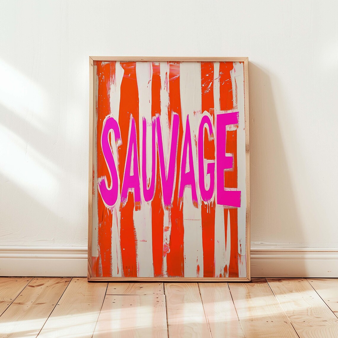 Sauvage Bold Pink Typography on Orange Striped Maximalist Art Poster