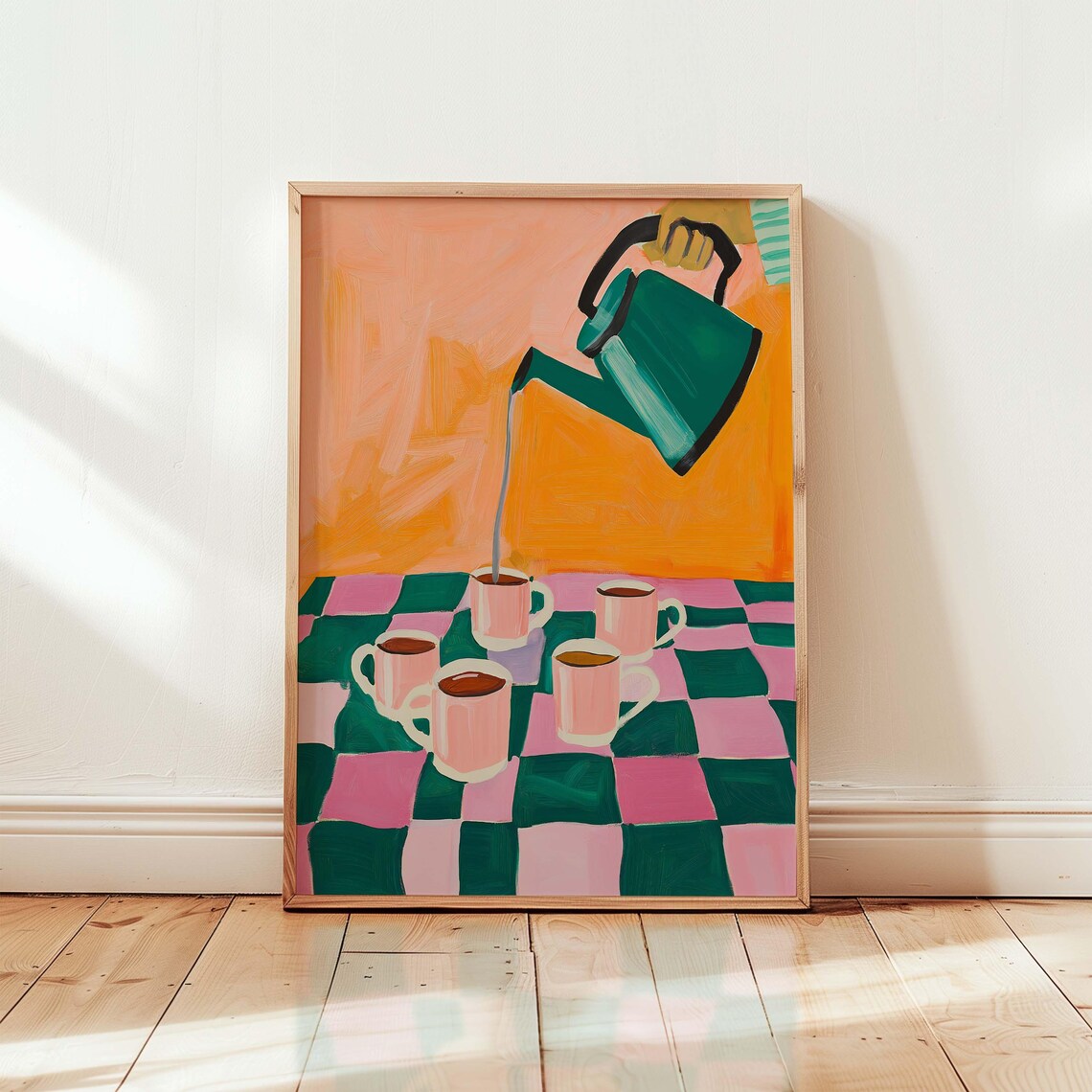 Colorful Coffee Pour Painting Pink Mugs Checkered Table Modern Kitchen Poster