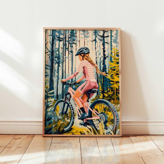 Whimsical Girl On Bike Art Playful Cycling Print Mountain Ride Illustration Adventure Wall Fun Biker Poster