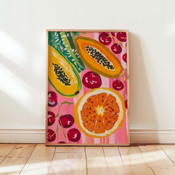 Tropical Fruit Print Colorful Papaya And Citrus Wall Art Modern Kitchen Decor Matisseinspired Food Painting Vibrant Summer Artwork