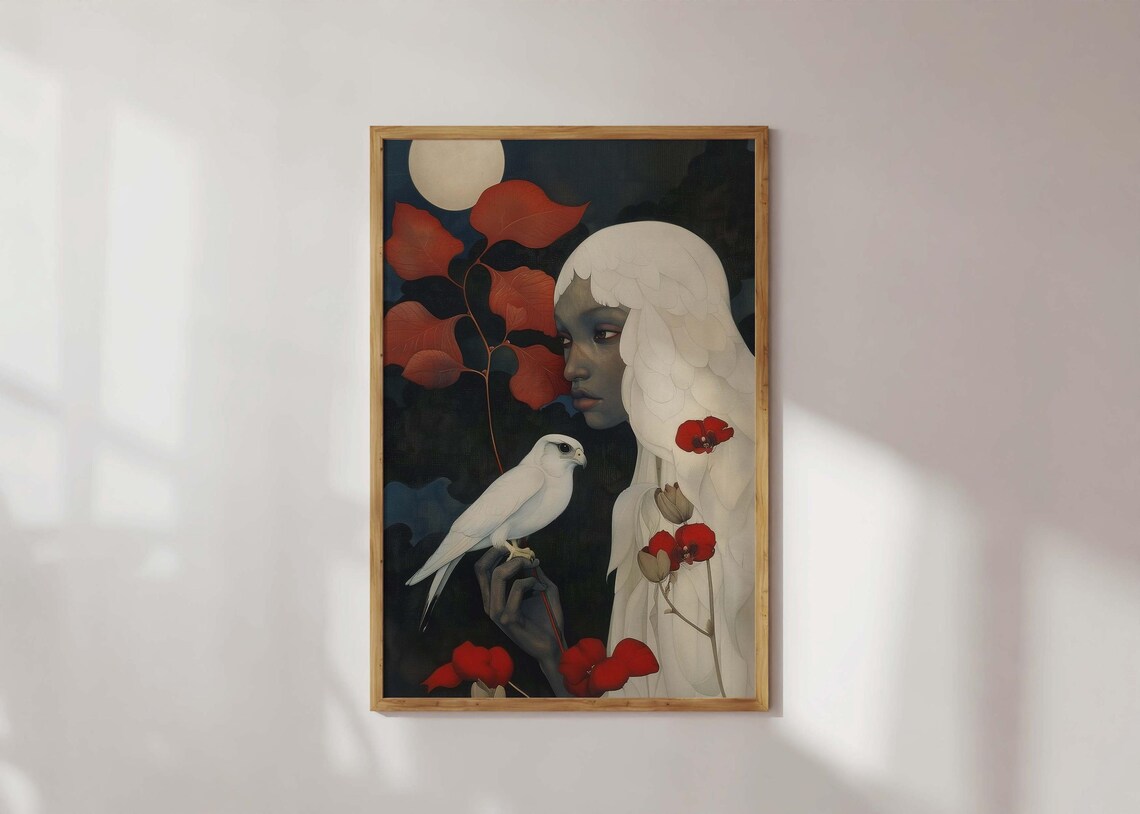 Mystic Woman White Bird Red Poppies Portrait Poster Dark Surreal Art