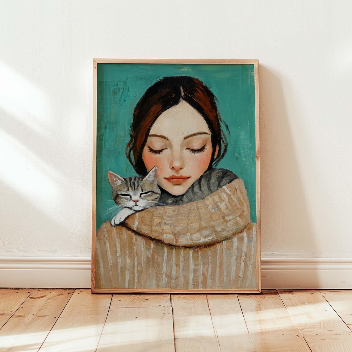 Woman Hugging Tabby Cat Cozy Teal Whimsical Pet Lover Art Poster