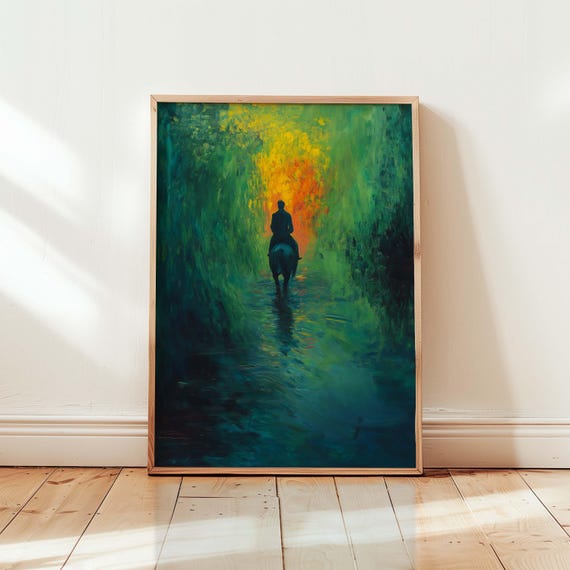 Forest Horse Ride Print Equestrian Wall Art Green Nature Rider At Sunset Horseback Adventure Decor Moody Artwork Cowboy Western