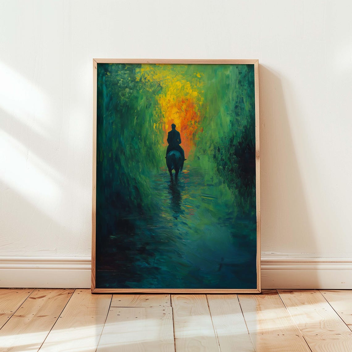 Horseback Rider Silhouette at Sunset Green Forest Path Painting Poster