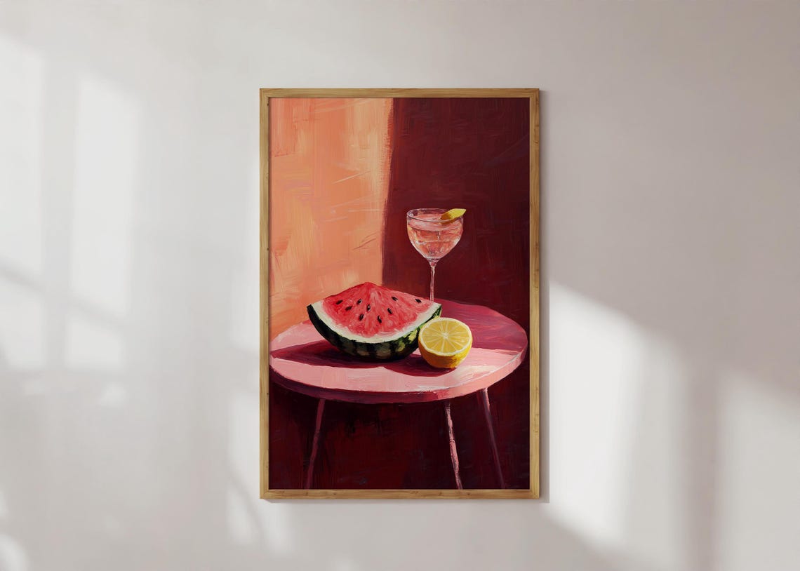 Watermelon Slice Lemon and Cocktail Pink Table Painting Poster