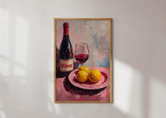 Trendy Colorful Wine And Cheese Art Vibrant Acrylic Food Painting Modern Drink Wall Henri Matisse Inspired Maximalist Decor