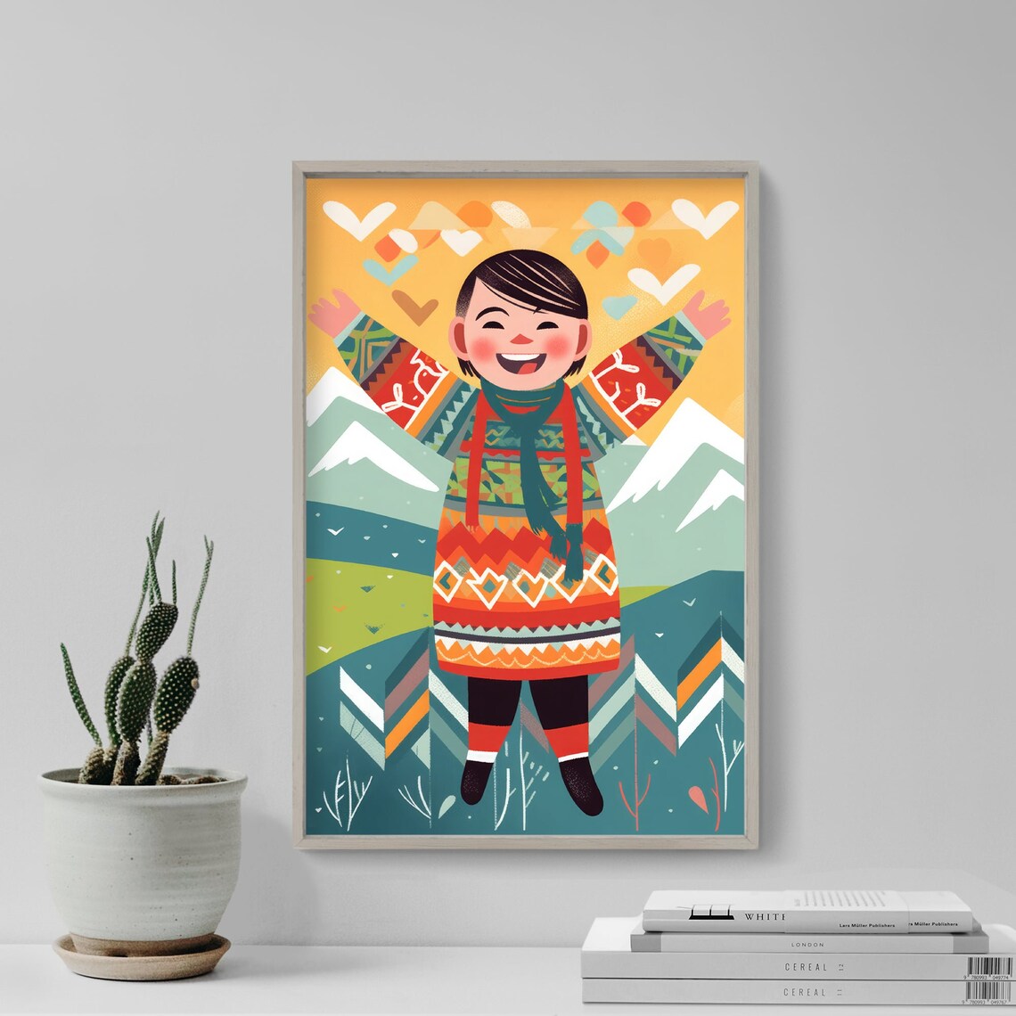 Happy Icelandic Child Traditional Sweater Mountain Folk Art Poster