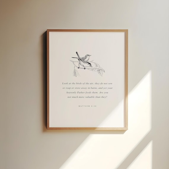 Matthew 6:26 Birds of the Air Songbird Botanical Scripture Poster