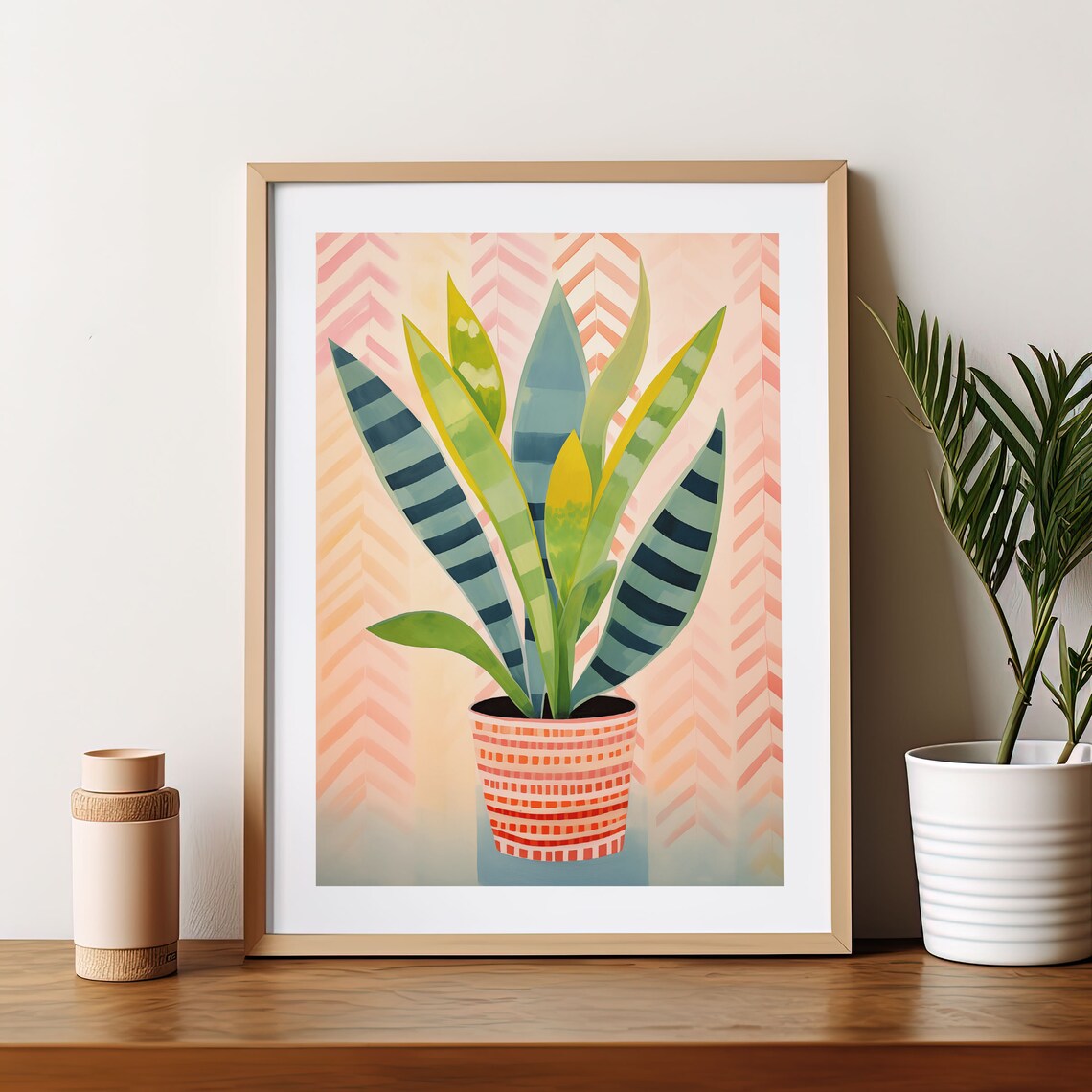 Snake Plant Botanical Illustration Striped Pot Watercolor Print