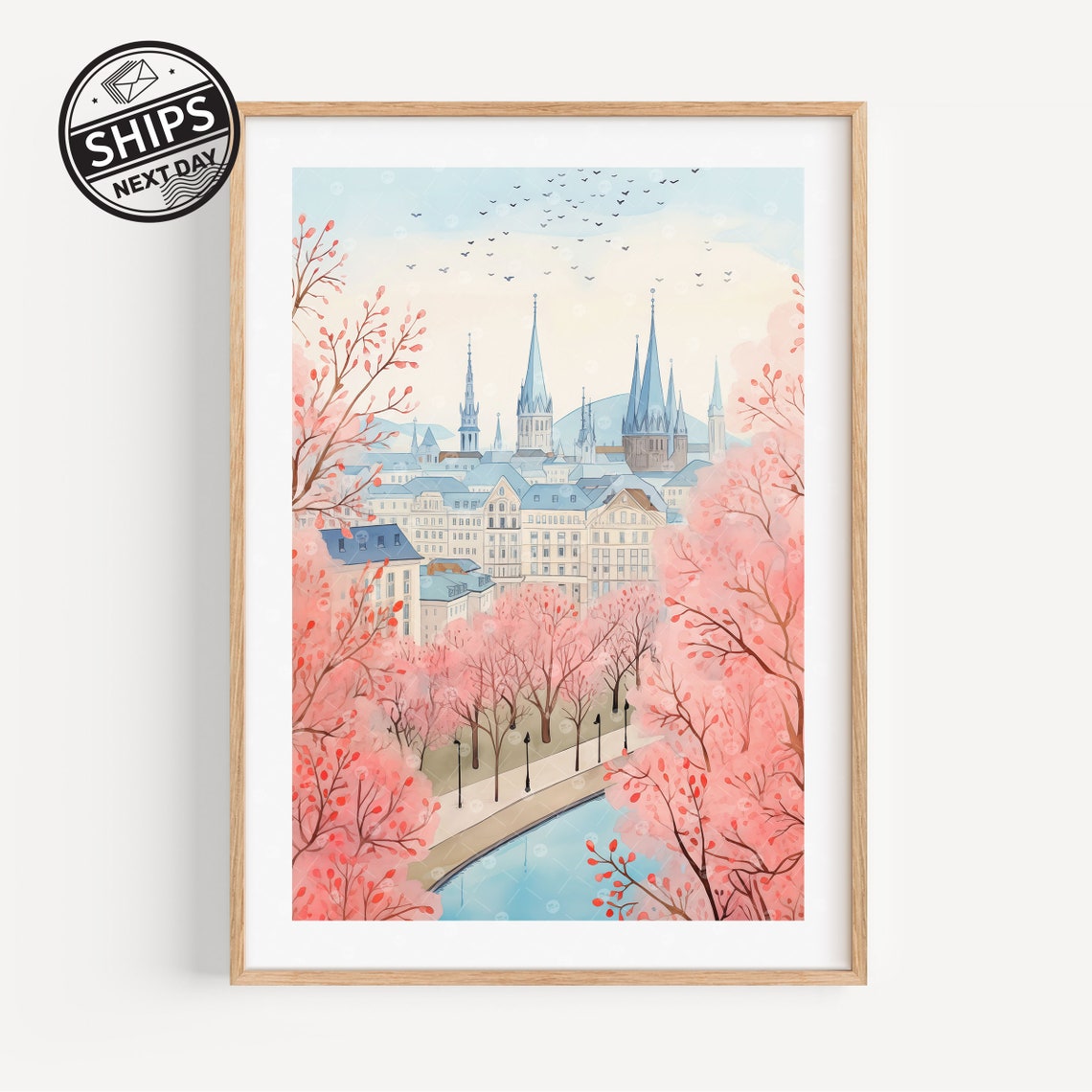 Vienna Spring Blossom Park Cathedral Spires Watercolor Poster