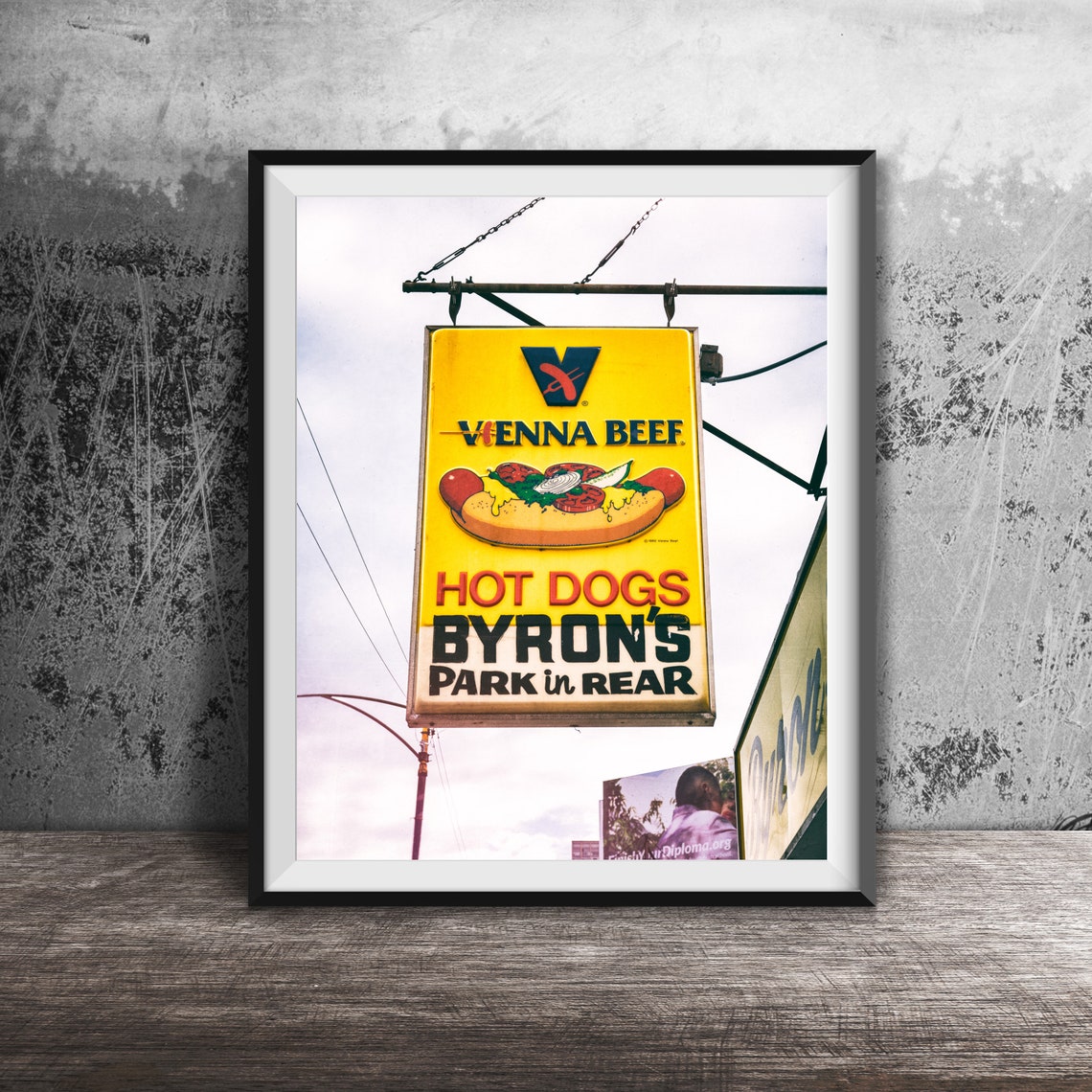 Vienna Beef Hot Dogs Byron's Bright Yellow Hanging Sign Poster