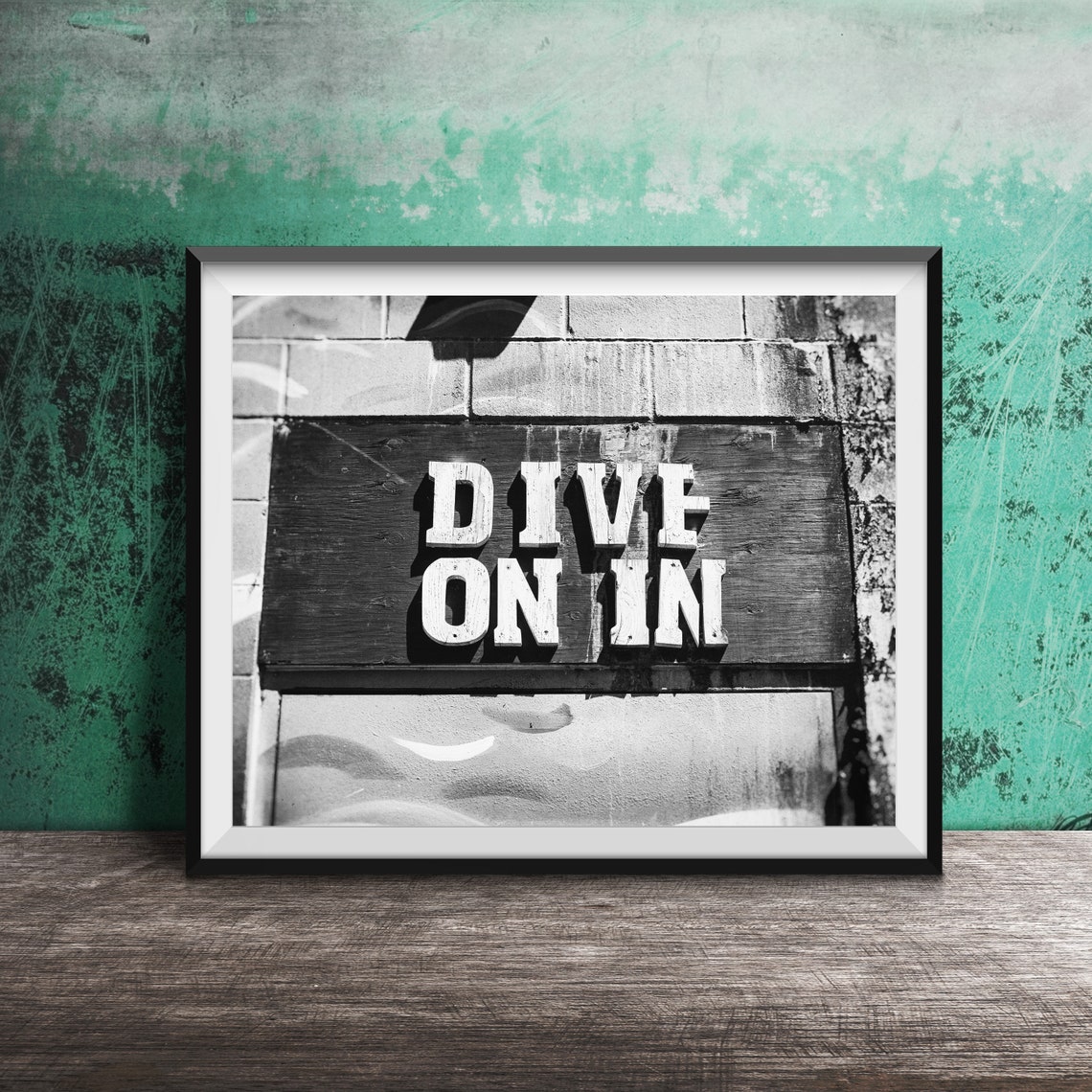 Dive On In Chunky White Wood Letters On Blue Brick Wall Poster - Image 2